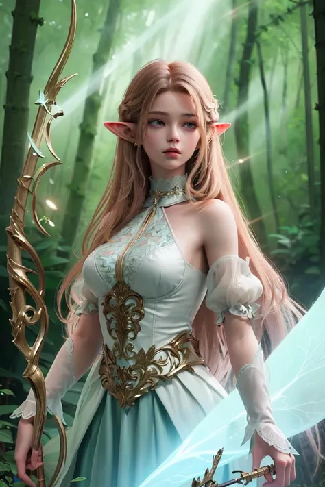 <lora:hipoly3DModelLora_v20:0.7>, masterpiece, best quality,
1girl,  
Elf, Pointed ears, elegant and ethereal attire, skilled with a bow and arrow, immersed in a lush forest or mystical woodland setting, surrounded by magical creatures like fairies or unicorns,
rim lighting, side lighting, cinematic light, ultra high res, 8k uhd, film grain,best shadow, delicate, RAW, light particles,
detailed skin texture, detailed cloth texture,  beautiful detailed face, intricate details, ultra detailed