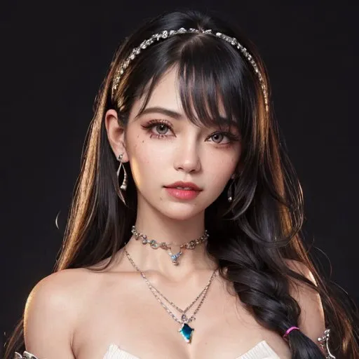 <lora:hipoly3DModelLora_v10:0.5>, masterpiece,best quality,ultra-detailed,8K,detailed light,detailed shadow,RAW, (detailed skin),(realistic:1.2), 1girl,face, pilyeon, black nails, jewelry, Long hair, looking at viewer, choker, necklace,piercing, white background, heart, closed mouth, grey eyes, simple background, black hair, ear piercing, black choker, smile, eyelashes, lips, bangs, bracelet, beads, gem, earrings