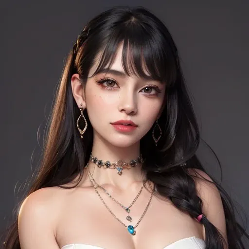 <lora:hipoly3DModelLora_v10:0.5>, masterpiece,best quality,ultra-detailed,8K,detailed light,detailed shadow,RAW, (detailed skin),(realistic:1.2), 1girl,face, pilyeon, black nails, jewelry, Long hair, looking at viewer, choker, necklace,piercing, white background, heart, closed mouth, grey eyes, simple background, black hair, ear piercing, black choker, smile, eyelashes, lips, bangs, bracelet, beads, gem, earrings
