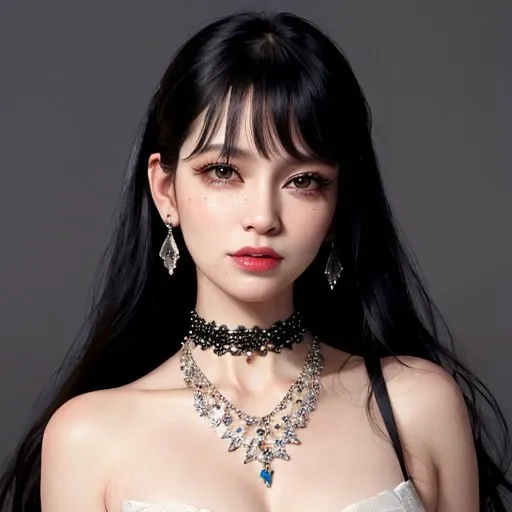 <lora:hipoly3DModelLora_v10:0.5>, masterpiece,best quality,ultra-detailed,8K,detailed light,detailed shadow,RAW, (detailed skin),(realistic:1.2), 1girl,face, pilyeon, black nails, jewelry, Long hair, looking at viewer, choker, necklace,piercing, white background, heart, closed mouth, grey eyes, simple background, black hair, ear piercing, black choker, smile, eyelashes, lips, bangs, bracelet, beads, gem, earrings