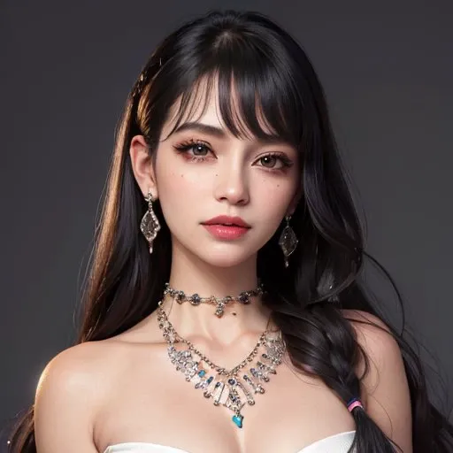 <lora:hipoly3DModelLora_v10:0.5>, masterpiece,best quality,ultra-detailed,8K,detailed light,detailed shadow,RAW, (detailed skin),(realistic:1.2), 1girl,face, pilyeon, black nails, jewelry, Long hair, looking at viewer, choker, necklace,piercing, white background, heart, closed mouth, grey eyes, simple background, black hair, ear piercing, black choker, smile, eyelashes, lips, bangs, bracelet, beads, gem, earrings