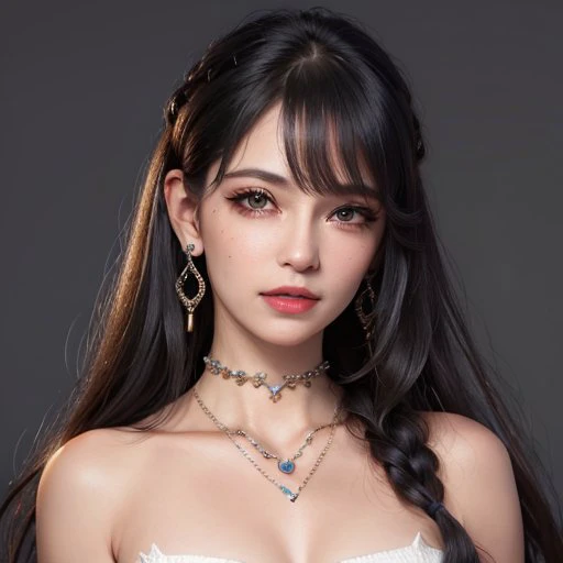 <lora:hipoly3DModelLora_v10:0.5>, masterpiece,best quality,ultra-detailed,8K,detailed light,detailed shadow,RAW, (detailed skin),(realistic:1.2), 1girl,face, pilyeon, black nails, jewelry, Long hair, looking at viewer, choker, necklace,piercing, white background, heart, closed mouth, grey eyes, simple background, black hair, ear piercing, black choker, smile, eyelashes, lips, bangs, bracelet, beads, gem, earrings