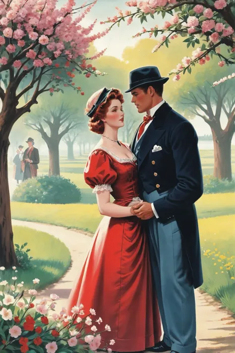 retro 1940s victorian romance book cover, brightly lit interior, in a Stuffy Blossoming cherry orchard<lora:EnvyStarlightRetro02:1.25>