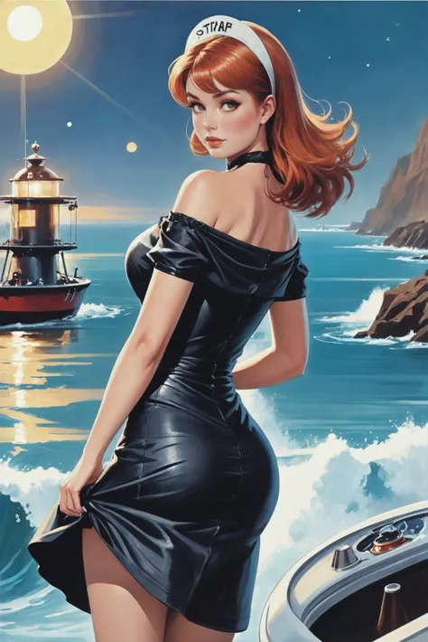 retro 1960s magazine illustration, pinup, 1girl, woman, (sea servo maid astrologer:1.3), glowing eyes,zettai ryouikia, ((off shoulder dress, shirt lift:1.3):1.2) [:seductive costume design:0.2], bombshell hair, copper hair, Lob Cut, pale saddlebrown clothes, slim, atheletic figure, narrow waist, medium breasts, caucasian, Tidal Lock Frontier<lora:EnvyStarlightRetro02:1.25>