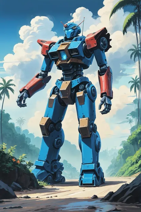 retro 1910s mecha anime digital painting, noon, blue sky, clouds, scenery, in a Ragecore Tropical Rainforest<lora:EnvyStarlightRetro02:1.25>