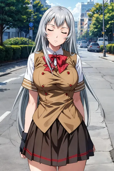 1girl, (masterpiece:1.3), (high resolution), (8K), (extremely detailed), (4k), (pixiv), perfect face, nice eyes and face, (best quality), (super detailed), detailed face and eyes, (solo), textured skin, absurdres, highres, <lora:more_details:0.4>, <lora:shiryuu-08:0.7>, shiryuuwz, very long hair, (closed eyes), school uniform, pleated skirt, miniskirt, grey hair, large breasts, fingerless gloves, short sleeves, bowtie, shirt, vest, outdoors, standing, cowboy shot, looking at viewer,
