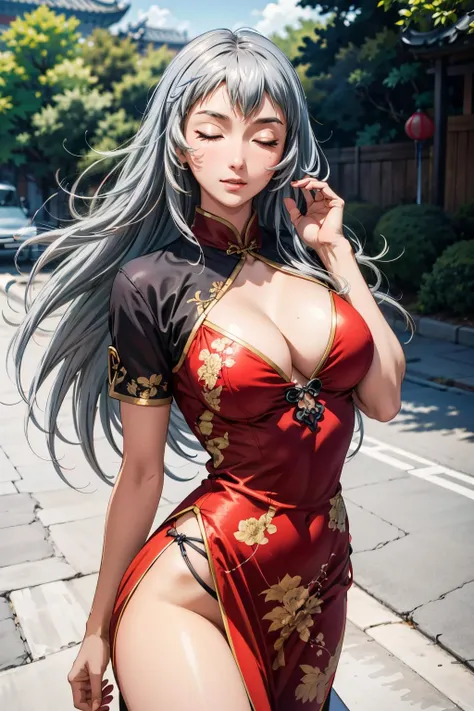 1girl, (masterpiece:1.3), (high resolution), (8K), (extremely detailed), (4k), (pixiv), perfect face, nice eyes and face, (best quality), (super detailed), detailed face and eyes, (solo), textured skin, absurdres, highres, <lora:more_details:0.4>, <lora:shiryuu-08:0.7>, shiryuuwz, very long hair, (closed eyes), grey hair, large breasts, china dress, chinese clothes, china, cowboy shot, sexy attire, cowboy shot, outdoors,