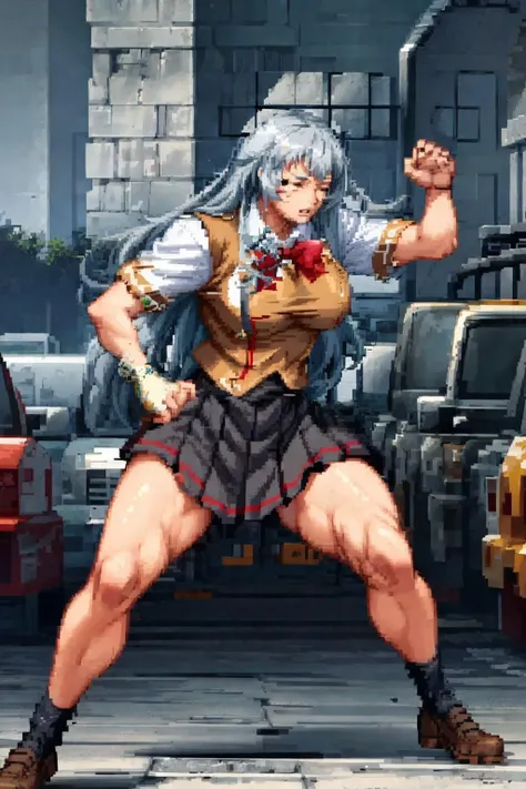 1girl, (masterpiece:1.3), (high resolution), (8K), (extremely detailed), (4k), (pixiv), perfect face, nice eyes and face, (best quality), (super detailed), detailed face and eyes, (solo), textured skin, absurdres, highres, <lora:more_details:0.4>, <lora:shiryuu-08:0.7>, shiryuuwz, very long hair, closed eyes, school uniform, pleated skirt, miniskirt, grey hair, large breasts, fingerless gloves, short sleeves, bowtie, white shirt, vest, <lora:CspPixelArt_Style-20:1> PixelArt, pixel, 16Bits, 31bits, fighting stance, fighting, looking at another, dynamic pose, day, outdoors
