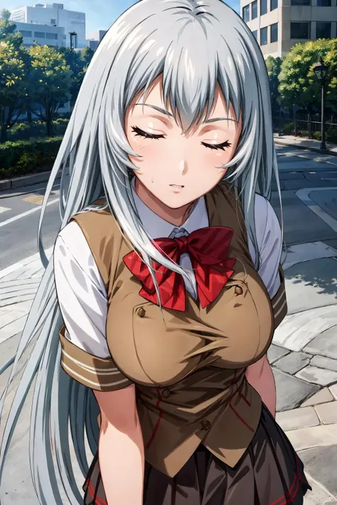 lying on back,spread legs,arms up,topless,show off nipples,1girl, (masterpiece:1.3), (high resolution), (8K), (extremely detailed), (4k), (pixiv), perfect face, nice eyes and face, (best quality), (super detailed), detailed face and eyes, (solo), textured skin, absurdres, highres, shiryuuwz, very long hair, (closed eyes), , pleated skirt, miniskirt, grey hair, (large breasts), fingerless gloves, short sleeves, bowtie, shirt, vest, outdoors, looking at viewer,