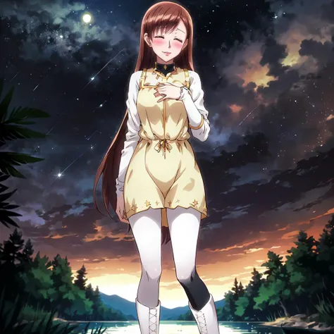 <lora:PalmSugao001:0.7>,closed eyes,blush,smile,parted lips,
PalmSugao,1girl,long hair,brown hair,
dress,
black pantyhose,
white footwear,boots,
night,nature,lake,starry_sky,