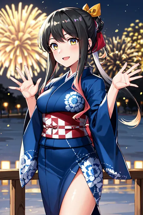 masterpiece, best quality, highres, hmngnm, naganami \(kancolle\), multicolored hair, ponytail, hair ribbon, japanese clothes, long sleeves, wide sleeves, blue kimono, floral print, obi, <lora:naganami_(kancolle)_v1:0.7>, standing, cowboy shot, waving, night, summer festival, outdoors, smile, fireworks,