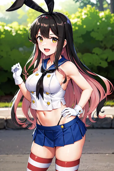 masterpiece, best quality, highres, hmngnm, naganami \(kancolle\), multicolored hair, shimakaze (kancolle) (cosplay), crop top, sleeveless, blue sailor collar, black neckerchief, white gloves, blue skirt, microskirt, striped thighhighs, underwear, <lora:naganami_(kancolle)_v1:0.7>, open mouth, smile, hand on hip, outdoors