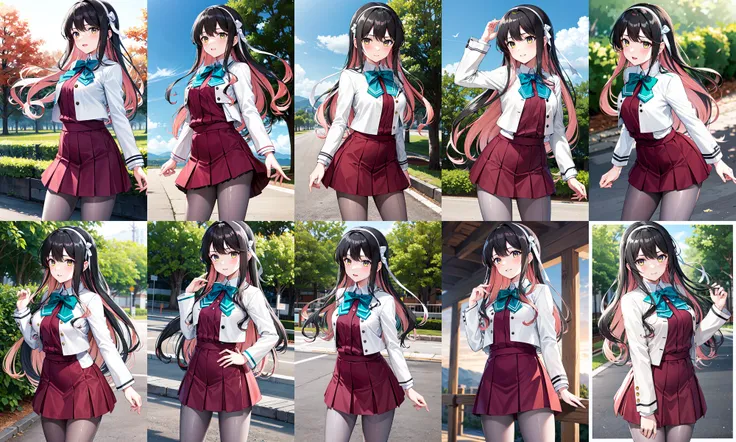 masterpiece, best quality, highres, hmngnm, naganami \(kancolle\), multicolored hair, white hairband, white jacket, purple dress, school uniform, grey pantyhose, aqua bowtie, long sleeves, <lora:naganami_(kancolle)_v1:0.7>, cowboy shot, outdoors standing,