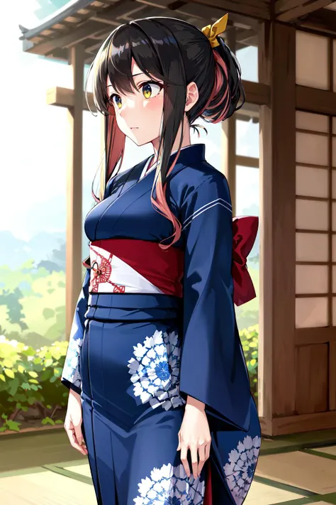masterpiece, best quality, highres, hmngnm, naganami \(kancolle\), multicolored hair, ponytail, hair ribbon, japanese clothes, long sleeves, wide sleeves, blue kimono, floral print, obi, <lora:naganami_(kancolle)_v1:0.7>, standing, cowboy shot, straight-on, arms at sides,