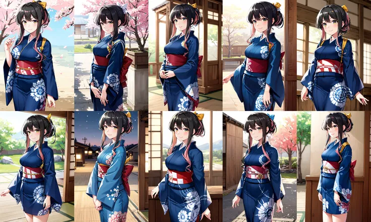 masterpiece, best quality, highres, hmngnm, naganami \(kancolle\), multicolored hair, ponytail, hair ribbon, japanese clothes, long sleeves,  wide sleeves, blue kimono, floral print, obi, <lora:naganami_(kancolle)_v1:0.7>, standing, cowboy shot, smile, arms at sides,