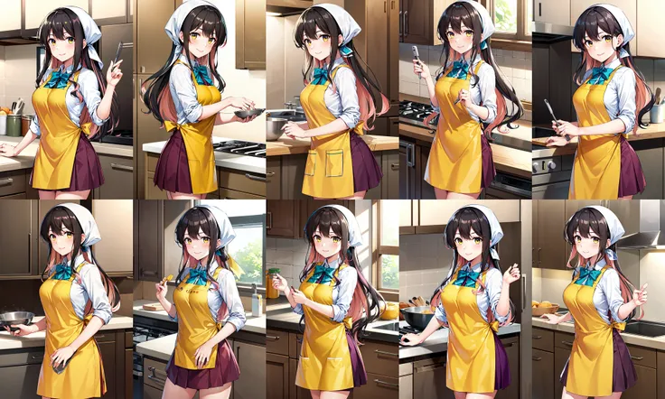 masterpiece, best quality, highres, hmngnm, naganami \(kancolle\), multicolored hair, head scarf, white shirt, aqua bowtie, sleeves rolled up, yellow apron, purple skirt, <lora:naganami_(kancolle)_v1:0.7>, kitchen, smile, standing, cowboy shot