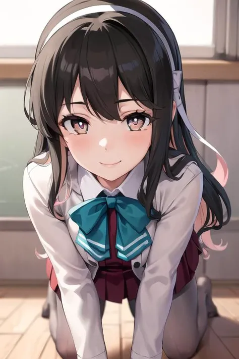 masterpiece, best quality,
1girl, pov, all fours, smile, view from front, close-up,<lora:naganami_a_v1:0.7>
hmngnm, naganami \(kancolle\), multicolored hair, white hairband, white jacket, purple dress, school uniform, grey pantyhose, aqua bowtie, long sleeves,
heart-shaped pupils,