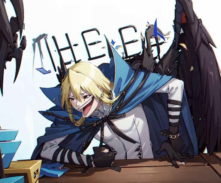 <lora:Wheeze Meme Template 2:1> wheeze, wheeze meme, laughing, upper body, <lora:RtPL-Malice:1> malice_(riviera), black_wings, blonde_hair, long_hair, blue_cape, white_dress, angel_wings, gloves,, ultra detailed, masterpiece, best quality, aesthetic, detailed,