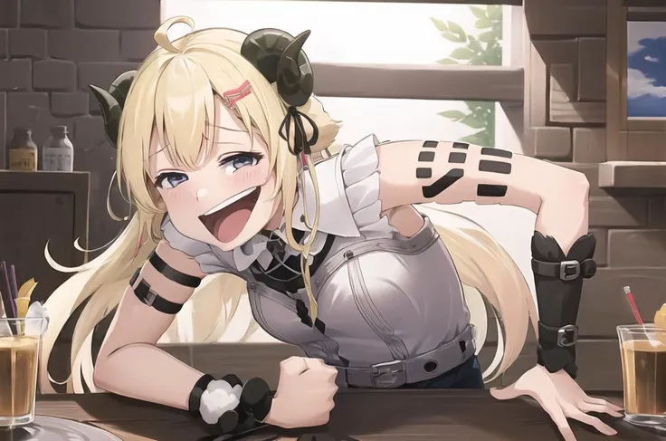 (wheeze:1.1), (wheeze meme:1.1), laughing, upper body, <lora:Wheeze Meme Template 2:1.1>, masterpiece, (open eyes:1.4), 1girl,
<lora:WatameNF:0.9>, WatameNightFever, long hair, ahoge, hairclip, sheep horns, sheep ears, sleeveless, arm band, sharp,