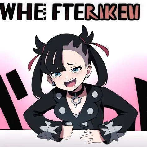 masterpiece, best quality, wheeze, wheeze meme, marnie \(pokemon\), upper body, 1girl, open mouth, tears, laughing, simple background, white background, <lora:PokeMarnie:0.75>