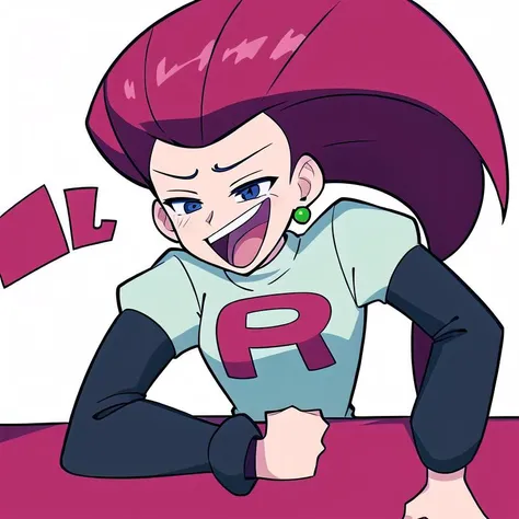 masterpiece, best quality, wheeze, wheeze meme, open mouth, laughing, 1girl, jessie\(pokemon\), hair slicked back, team rocket outfit, upper body, simple background, white background, <lora:jessie:0.75>