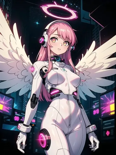 ((masterpiece, best quality, extremely detailed), volumetric lighting, ambient occlusion, colorful, glowing),
1girl, solo, young girl, (pink hair), long hair, halo, aura, sacred, godness, cyber suit, (white outfit:1.3), android, bot, angel wings,
outdoors, sunset, sky, clouds, space, (cyberpunk theme:1.2),
<lora:Add Detail:0.6>, <lora:Beautiful Detailed Eyes:0.6>,