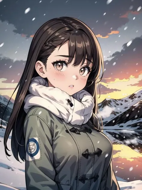 ((masterpiece, best quality, extremely detailed), volumetric lighting, ambient occlusion, colorful, glowing),
1girl, long hair, brown hair, gray eyes, blush, make up, medium breasts, cold weather clothing, fluffy coat, bots,
outdoors, grayish sky, clouds, snow, hail, mist, mountains, glaciers, ocean, pine, (Winter:1.3),
<lora:Add Detail:0.6>, <lora:Beautiful Detailed Eyes:0.6>,