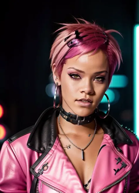 award winning photo of a woman as a cyberpunk hacker, wearing torn black leather jacket, leather gloves, short spiky pink hair, cute perky butt, dark skin, dense cyberpunk street, dive bar, neon holograms in background, dark, ominous, foggy, high contrast, shiny skin, soft lighting, backlighting, bloom, light sparkles, chromatic aberration, pink hair