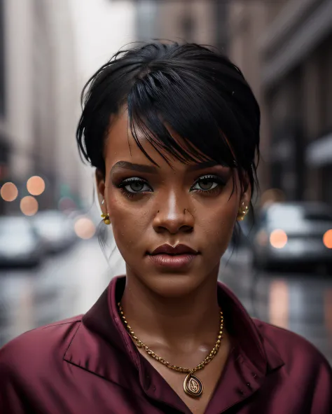 photo of a woman walking down Fifth Avenue, (((front to camera))), detailed face, RAW, analog style, ultra detailed photograph, pedestrians, cinematic lighting, artstation, 4k, high resolution, detailed skin, detailed eyes, bowl cut hairstyle, black messy hair, blunt bangs,
(elegant darkred business dress:1.1), necklace, facing viewer, intricate eye details, catchlight in eyes, rainy day, wet hair, oiled skin, professional bright warm face lighting