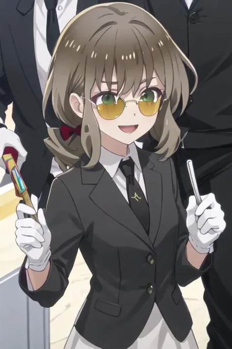 best quality, masterpiece, highres, solo, {black business suit:1.40}, {tie:1.20}, {sunglasses:1.25}, {white gloves:1.15}, {white shirt:1.10}, {black skirt:1.15}, {smoking:1.20}, handsome, {shuri_kumakumakumabear:1.15}, brown_hair, bangs, green_eyes, hair_between_eyes, bow, hair_bow, red_bow, blush, open_mouth, smile