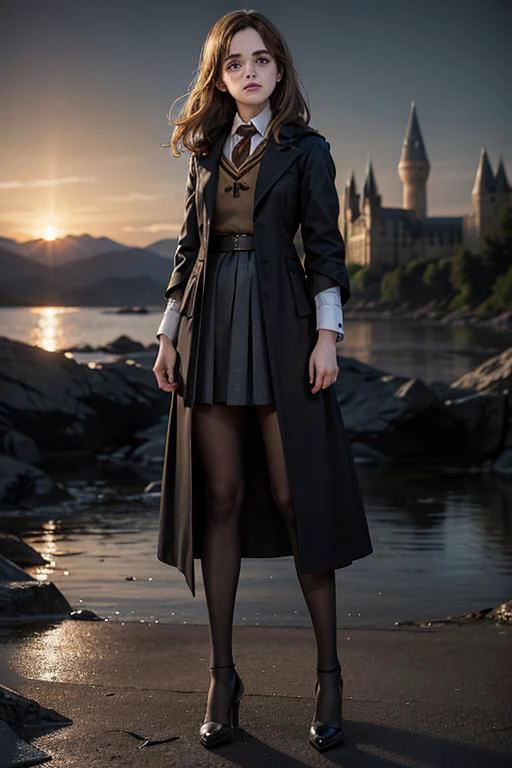 Emma Watson as Hermione Granger in Harry Potter, mature 35 years old, high heels, sexy, hit,  bushy brown hair and brown eyes, long hair, harry potter movies style, ((detailed facial features)),(detailed face:1.2) (freckles:1.1)(cute beautiful face:1.3)(((full body))), (hogwarts on background), ((((cinematic look)))), soothing tones,intricate scene, insane details, intricate details, hyperdetailed, low contrast, soft cinematic light, dim colors, exposure blend, hdr, faded, slate atmosphere, WB studio, Intricate, High Detail, Sharp focus,