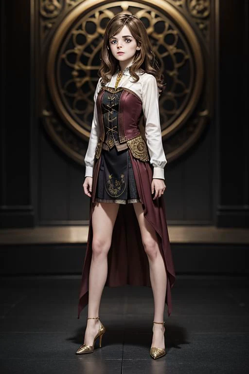 Emma Watson as Hermione Granger in Harry Potter, mature 35 years old, high heels, sexy, hit,  bushy brown hair and brown eyes, long hair, harry potter movies style, ((detailed facial features)),(detailed face:1.2) (freckles:1.1)(cute beautiful face:1.3)(((full body))), (hogwarts on background), ((((cinematic look)))), soothing tones,intricate scene, insane details, intricate details, hyperdetailed, low contrast, soft cinematic light, dim colors, exposure blend, hdr, faded, slate atmosphere, WB studio, Intricate, High Detail, Sharp focus,