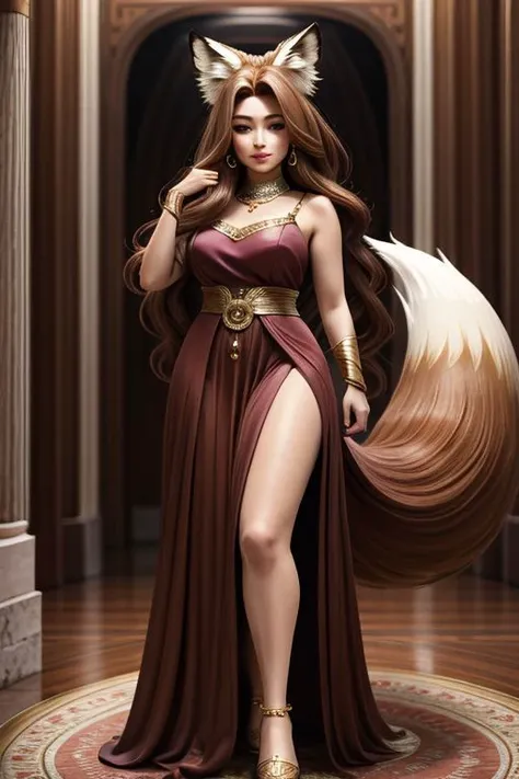 Foxie woman, queen foxie, ancient greece oulets,plumed large voluminous tail, curved forward tail, ((Masterpiece, best quality)), detailed skin, highly detailed, cinematic lighting, ultra realistic, blush, looking at viewer, brown hair, long hair, full body shot