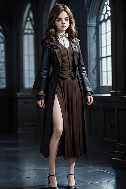 Mature Emma Watson as Hermione Granger in Harry Potter, mature 35 years old, lady wizard, high heels, sexy, hit,  bushy brown hair and brown eyes, long hair, harry potter movies style, ((detailed facial features)),(detailed face:1.2) (freckles:1.1)(cute beautiful face:1.3)(((full body))), (hogwarts on background), ((((cinematic look)))), soothing tones,intricate scene, insane details, intricate details, hyperdetailed, low contrast, soft cinematic light, dim colors, exposure blend, hdr, faded, slate atmosphere, WB studio, Intricate, High Detail, Sharp focus,