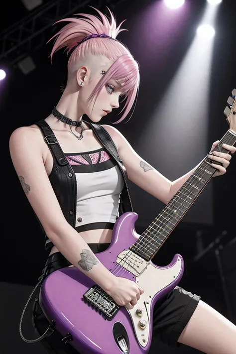 sharp focus, best quality, masterpiece, high contrast, low angle shot, 1 punk woman, half shaved hair, pink hair, beautiful face, playing an electric guitar, purple electric guitar, stage, volumetric lighting, best quality, masterpiece