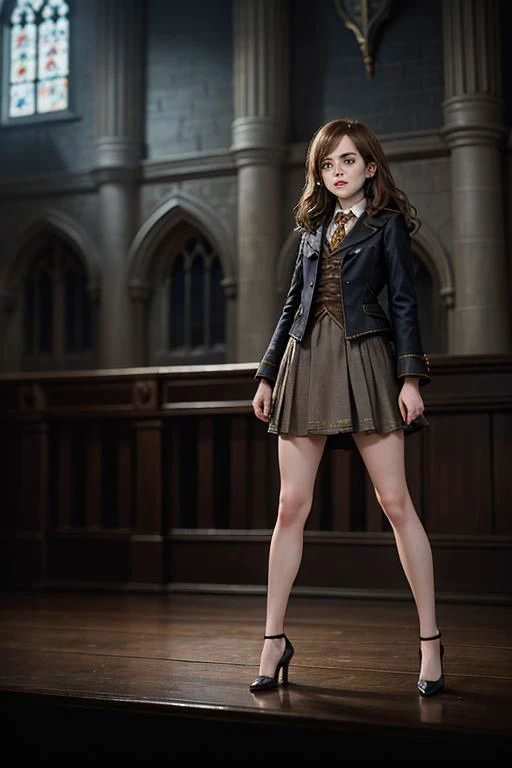 Emma Watson as Hermione Granger in Harry Potter, mature 35 years old, high heels, sexy, hot, casting a spell, bushy brown hair and brown eyes, long hair, harry potter movies style, ((detailed facial features)),(detailed face:1.2) (freckles:1.1)(cute beautiful face:1.3)(((full body))), (hogwarts on background), ((((cinematic look)))), soothing tones,intricate scene, insane details, intricate details, hyperdetailed, low contrast, soft cinematic light, dim colors, exposure blend, hdr, faded, slate atmosphere, WB studio, Intricate, High Detail, Sharp focus,
