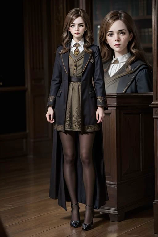 Mature Emma Watson as Hermione Granger in Harry Potter, mature 35 years old, lady wizard, high heels, sexy, hit,  bushy brown hair and brown eyes, long hair, harry potter movies style, ((detailed facial features)),(detailed face:1.2) (freckles:1.1)(cute beautiful face:1.3)(((full body))), (hogwarts on background), ((((cinematic look)))), soothing tones,intricate scene, insane details, intricate details, hyperdetailed, low contrast, soft cinematic light, dim colors, exposure blend, hdr, faded, slate atmosphere, WB studio, Intricate, High Detail, Sharp focus,