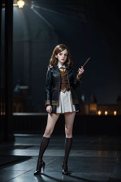 Emma Watson as Hermione Granger in Harry Potter, mature 35 years old, high heels, sexy, hit, bushy brown hair and brown eyes, long hair, harry potter movies style, ((detailed facial features)),(detailed face:1.2) (freckles:1.1)(cute beautiful face:1.3)(((full body))), (hogwarts on background), ((((cinematic look)))), soothing tones,intricate scene, insane details, intricate details, hyperdetailed, low contrast, soft cinematic light, dim colors, exposure blend, hdr, faded, slate atmosphere, WB studio, Intricate, High Detail, Sharp focus,