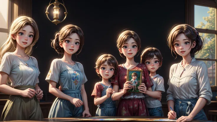 a boy, (hold a painting), (the view is a happy family:1.1), (4 people in family) complete with mother, farther, brother and sister, cartoon-style visuals, (Highly detailed:1.2), Decorate background, masterpiece, ultrarealistic, 32k, extremely detailed CG unity 8k wallpaper, best quality., (masterpiece,best quality:1.5), HDR