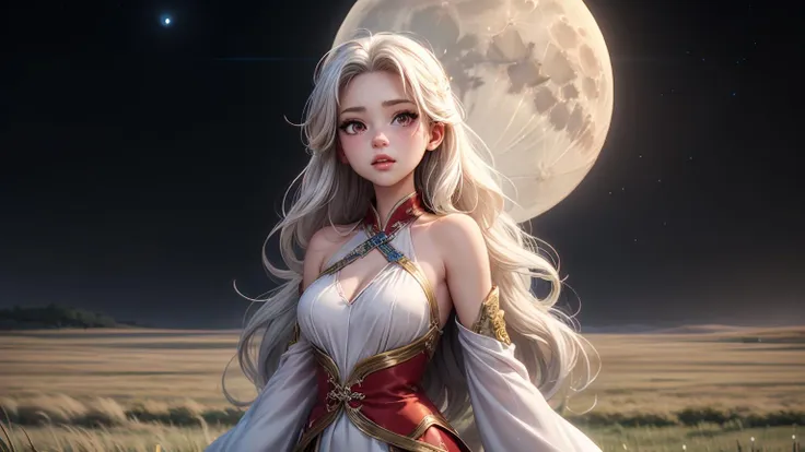 1girl, cloverworks anime, official art, fantasy art,
a girl petting a giant white wolf, she is wearing hanfu, shoulder length with waves haircut, white hair, red eyes,
grasslands back ground, full moon, full body,