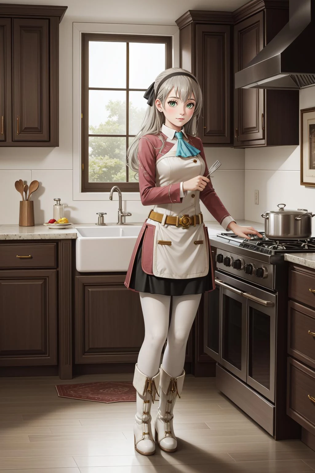 (masterpiece, best quality), intricate details,
1girl, <lora:elie-nvwls-v2-zero:0.8> elie macdowell, green eyes, hairband, blue ascot, hair ribbon, long sleeves, belt, pantyhose, white boots,
kitchen, food on stove, steam,
