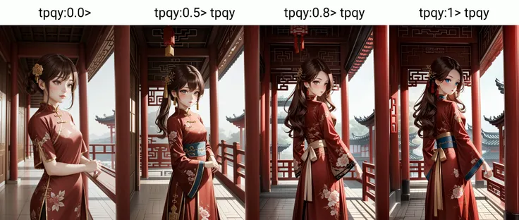 (masterpiece, best quality),  intricate details,
1girl,  brown hair, red dress, 
 <lora:tpqy:0.0> chinese temple, pillars, indoors,
