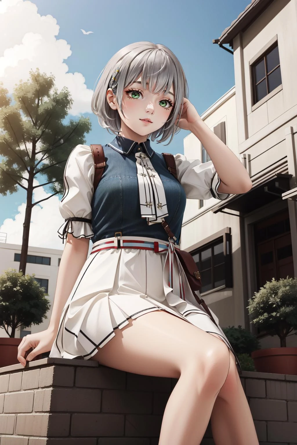 (masterpiece, best quality), intricate details,
1girl, <lora:shirogane_noel_v1:0.8> shirogane noel, silver hair, short hair, x hair ornament, green eyes,
<lora:GTS:0.8> GTS, sitting on building, outdoors, buildingseat, looming,