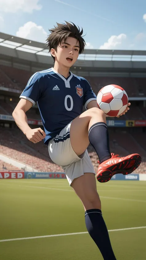 An anime sports player on a field, wearing a sports uniform and holding a soccer ball. His hair is short and spiky, and he is ready to kick the ball. The field is filled with cheering spectators and bright sunlight.