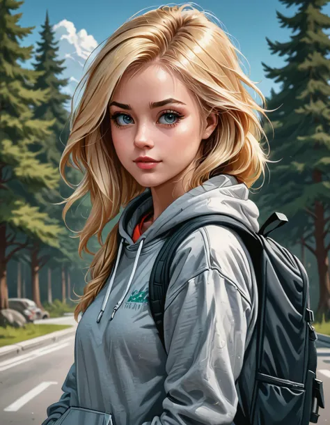 blonde woman with hoodie and backpack, cartoon style, digital art