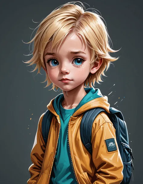 blonde kid with hoodie and backpack, cartoon style, digital art