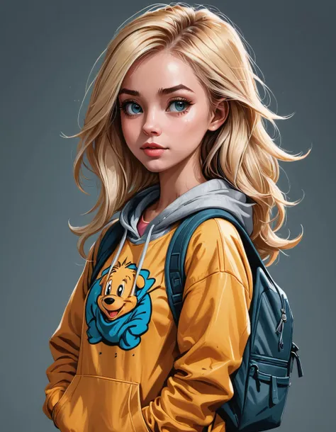 blonde woman with hoodie and backpack, cartoon style, digital art