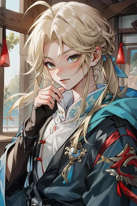 (Masterpiece:1.4), (best quality:1.2), (illustration:1.2), detailed face, <lora:Honkai_Star_Rail_Yangqing-000019:0.8>, yanqing, 1boy, androgynous, chinese clothes, blonde hair, upper body, cowboy shot