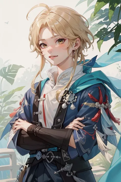 (Masterpiece:1.4), (best quality:1.2), (illustration:1.2), detailed face, <lora:Honkai_Star_Rail_Yangqing-000019:0.8>, yanqing, 1boy, chinese clothes, blonde hair, upper body, cowboy shot