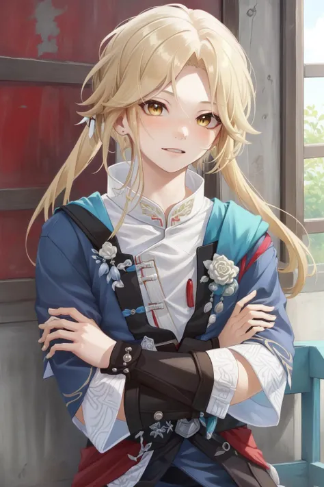 (Masterpiece:1.4), (best quality:1.2), (illustration:1.2), detailed face, <lora:Honkai_Star_Rail_Yangqing-000019:1>, yanqing, 1boy, androgynous, chinese clothes, blonde hair, upper body, cowboy shot